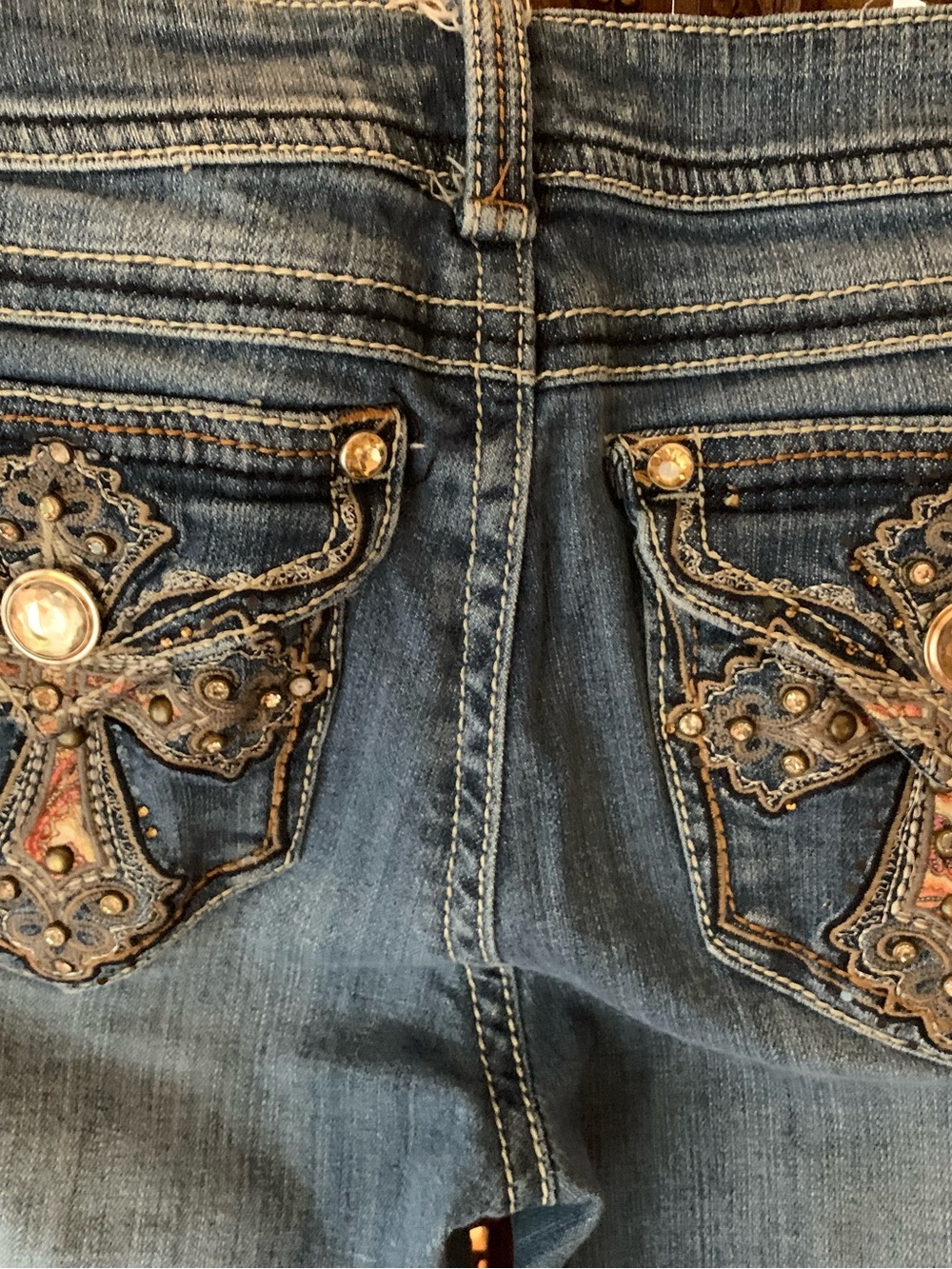 Grace Straight-Leg Blue Jeans with Jeweled Pocket Trim